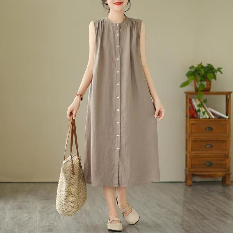 2026 New Summer Casual Sleeveless Cotton Linen Dress - Slimming, Loose Fit, Solid Color