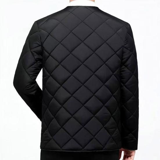 Yousheng Men Cotton Coat O-Neck Long Sleeve Diamond-Shaped Stitching Button Placket Coat Solid Color Single Breasted Thick Velvet Lining Outwear