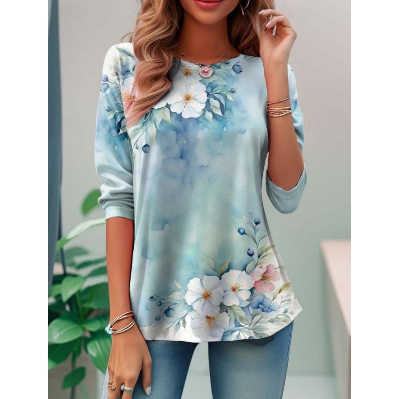 Dames T-shirt 3D Print Schattige Libel Petalen Print Casual Lange Mouw Ronde Hals Normale Top Dagelijkse Print Roze Lente T-shirt