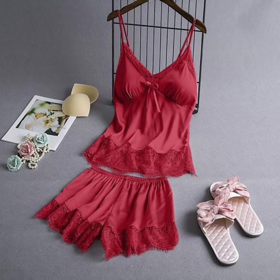 Ensemble Pyjama Satiné pour Femme Débardeur à Dentelle et Short Deux Pièces Vêtements de Nuit avec Soutien-gorge Intégré Sexy Débardeur Ensemble de Lounge