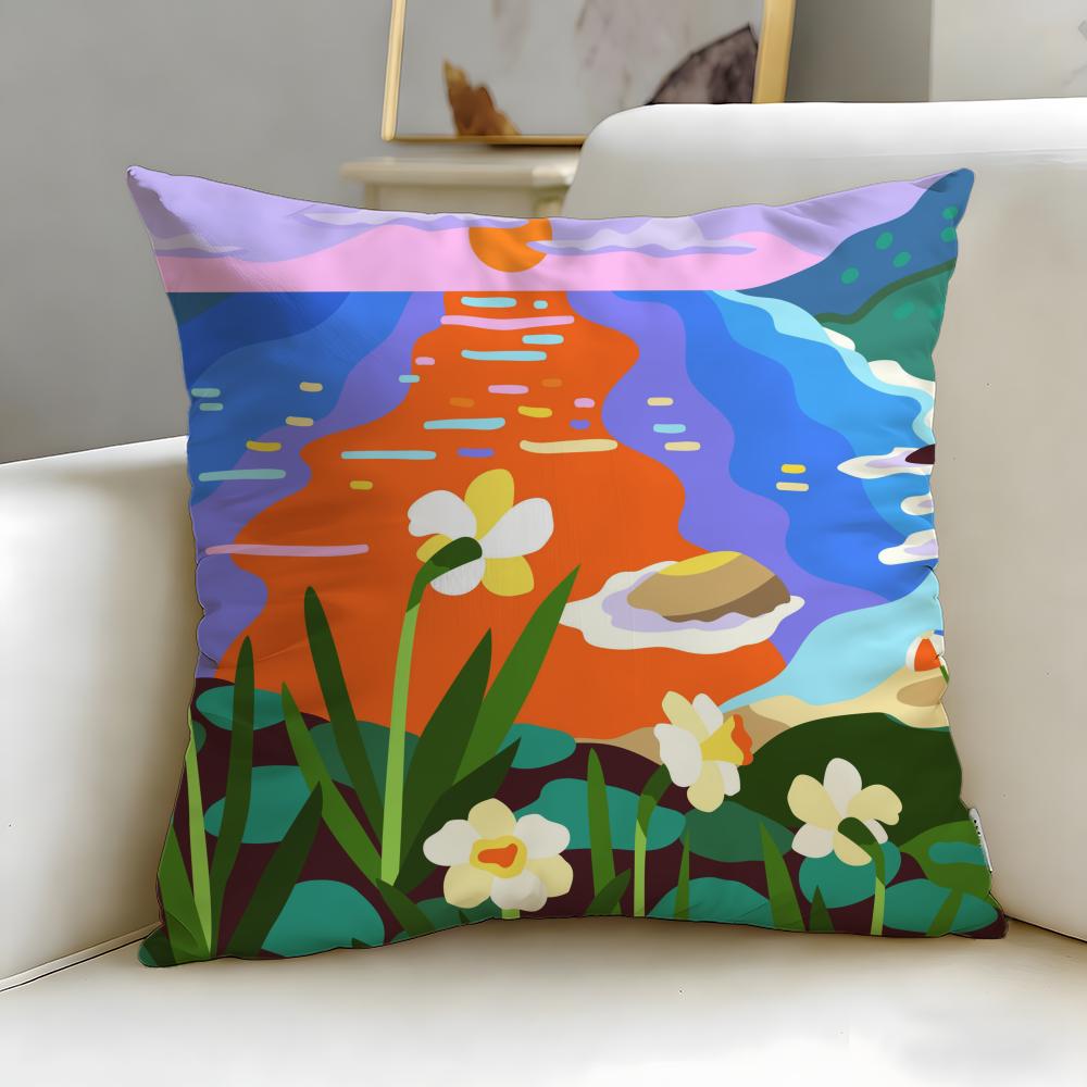 Art Colorful Geometric Landscape Cushion Cover Soft EasyWash Pillow Case Versatile for Couch Bed Travel and Office