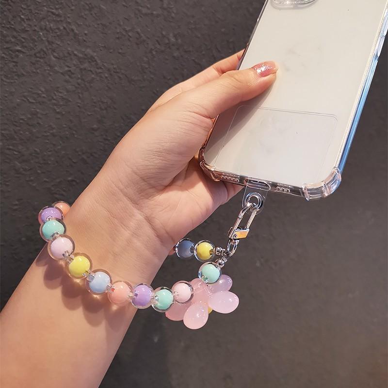 Fashion Resin Flower Keychain with Beaded Chain Cute Car Key Charm Pendant Decorative Accessories for Bags AirPods Case