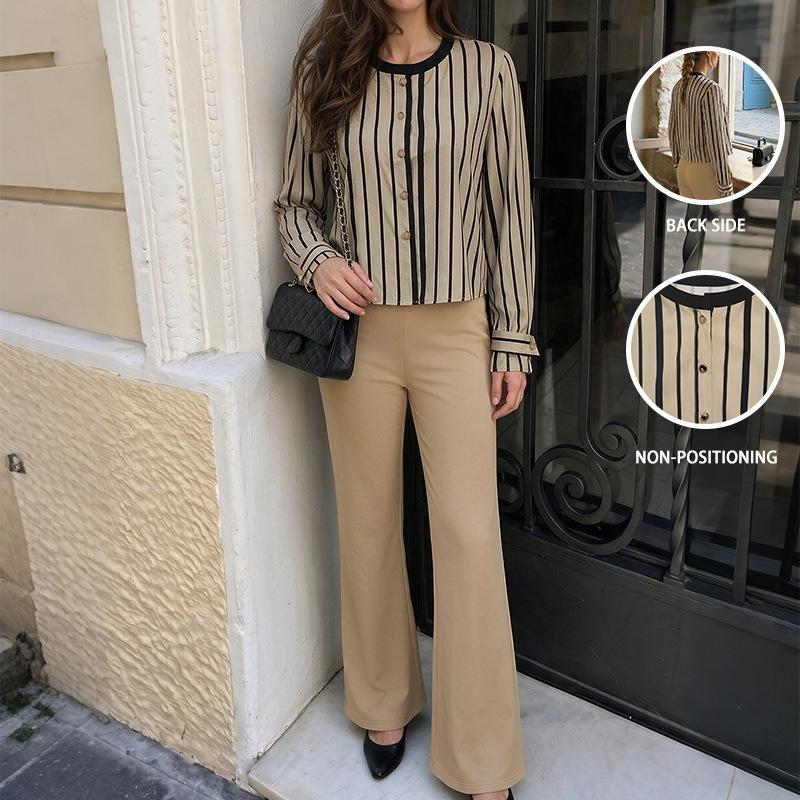 VEZFAA Women's Fashion Casual Spring Autumn Stripe Print Long Sleeve O-Neck Trousers Pants Suits