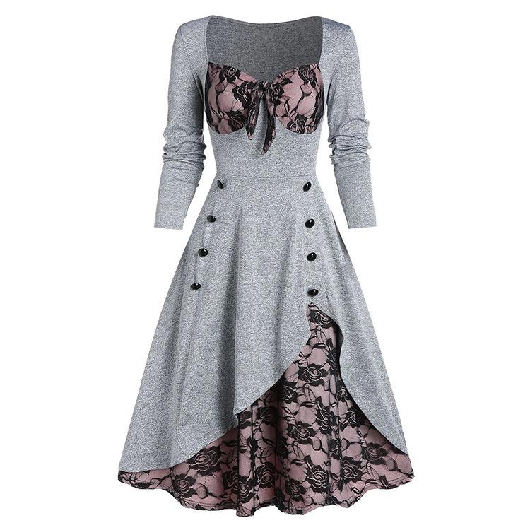 Women's Fashion Slim-fit Lace Ethnic Style Vintage Stitching Long Sleeve Flower Dress