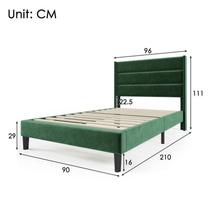Upholstered Bed 90x200 Cm - MUVOE - Dark Green Velvet - Designer Headboard - Slatted Base - 1 Person