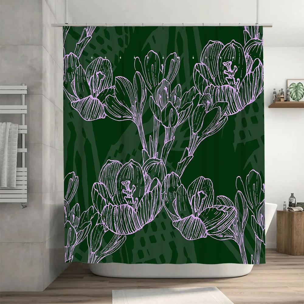 Green Floral Shower Curtain White Design Modern Bathroom Decor Polyester Waterproof Fabric