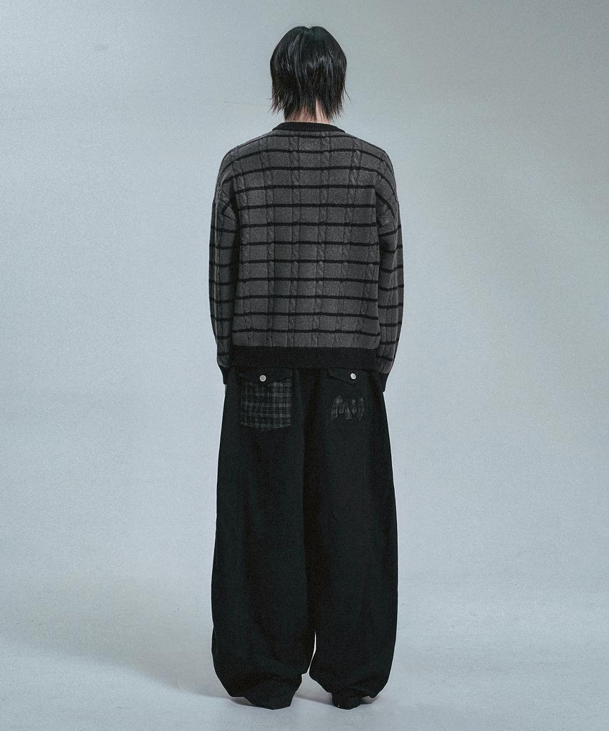 MOO Check Color Block Balloon Cotton Pants - Black