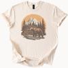 Mountain Cabin Bear Graphic Nature T Shirt with Sunset Trees Forest and Wildlife Scene for Outdoor Lovers Camping Hiking Adventure