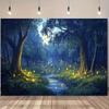 2D Fantasy Firefly Photography Background, Dreamy Night Forest with Glowing Lights and Winding Stream Backdrop