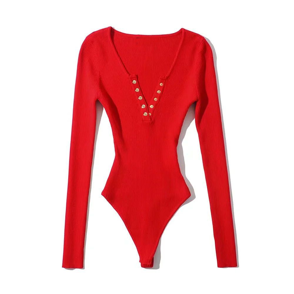 Dames Effen Kleur V-hals Knopen aan de Voorkant Lange Mouwen Slim Fit Geribbelde Gebreide Bodysuit Stretchy Eendelig Topje