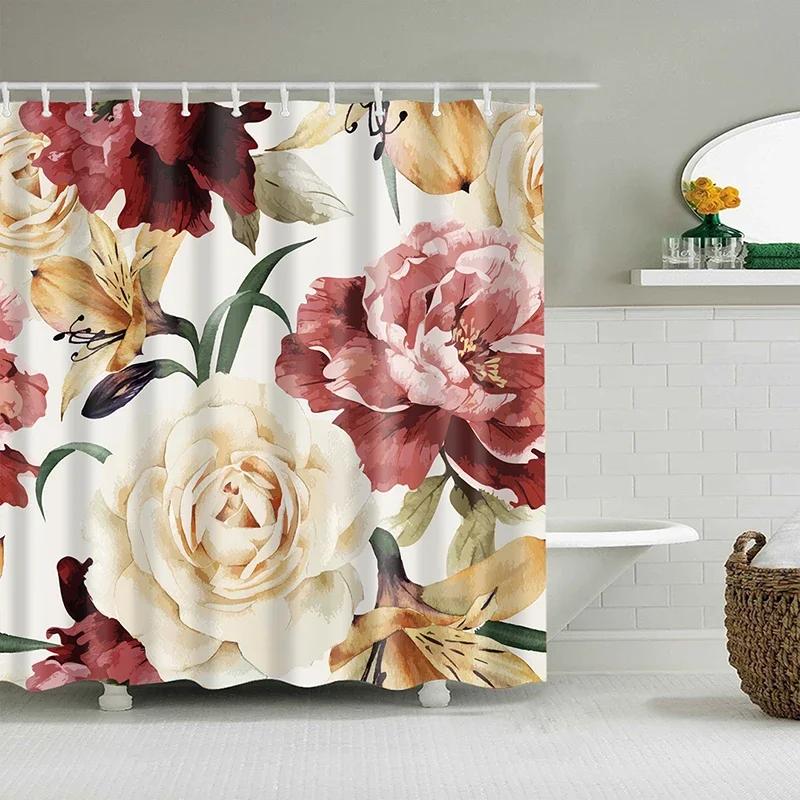 Elegant Floral Shower Curtain Set, Waterproof Fabric with Vibrant Blossoms for Romantic Bathroom Decor, Adds Garden Feel