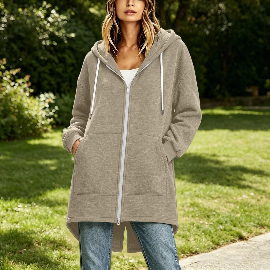 Damen Kapuzenpullover Jacke mit langem Reißverschluss Lockerer Schnitt Lässige Oberbekleidung mit Taschen Leichte Kapuzenjacke für den Alltag
