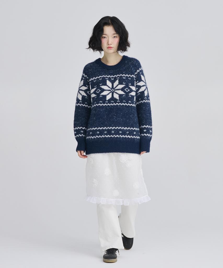 AWESOME STUDIO Nordic Snowflake Jacquard Round Knit Navy