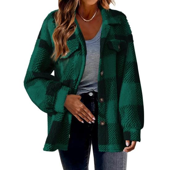 Fall Winter Women Jacket with Fake Pockets Contrast Color Plaid Print Plus Size Turn-down Collar Single-breasted Long Sleeve Cardigan Plush Coat