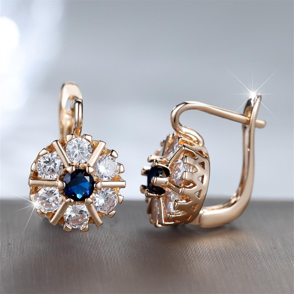 Weiße Zirkon Blaue Kristall Blume Creolen für Damen Vintage Goldfarbe Ohrstecker Hochzeitsschmuck Verlobungsgeschenke