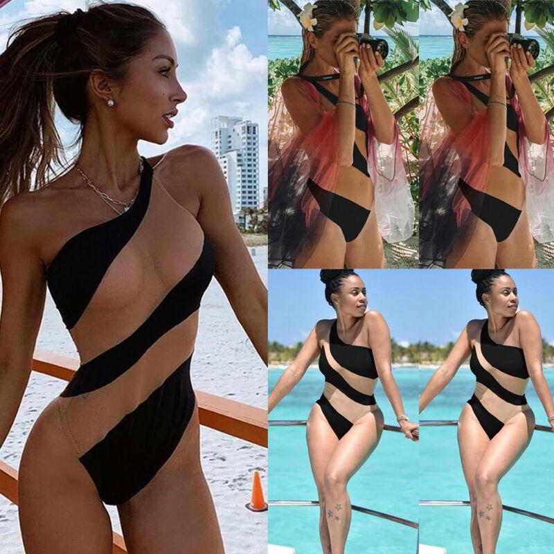 Neuer Stil Damen Einteiliger Bikini Push-up Gepolsterter Badeanzug Badebekleidung Strand Monokini Streifen Skinny Einseitig Mode 2025