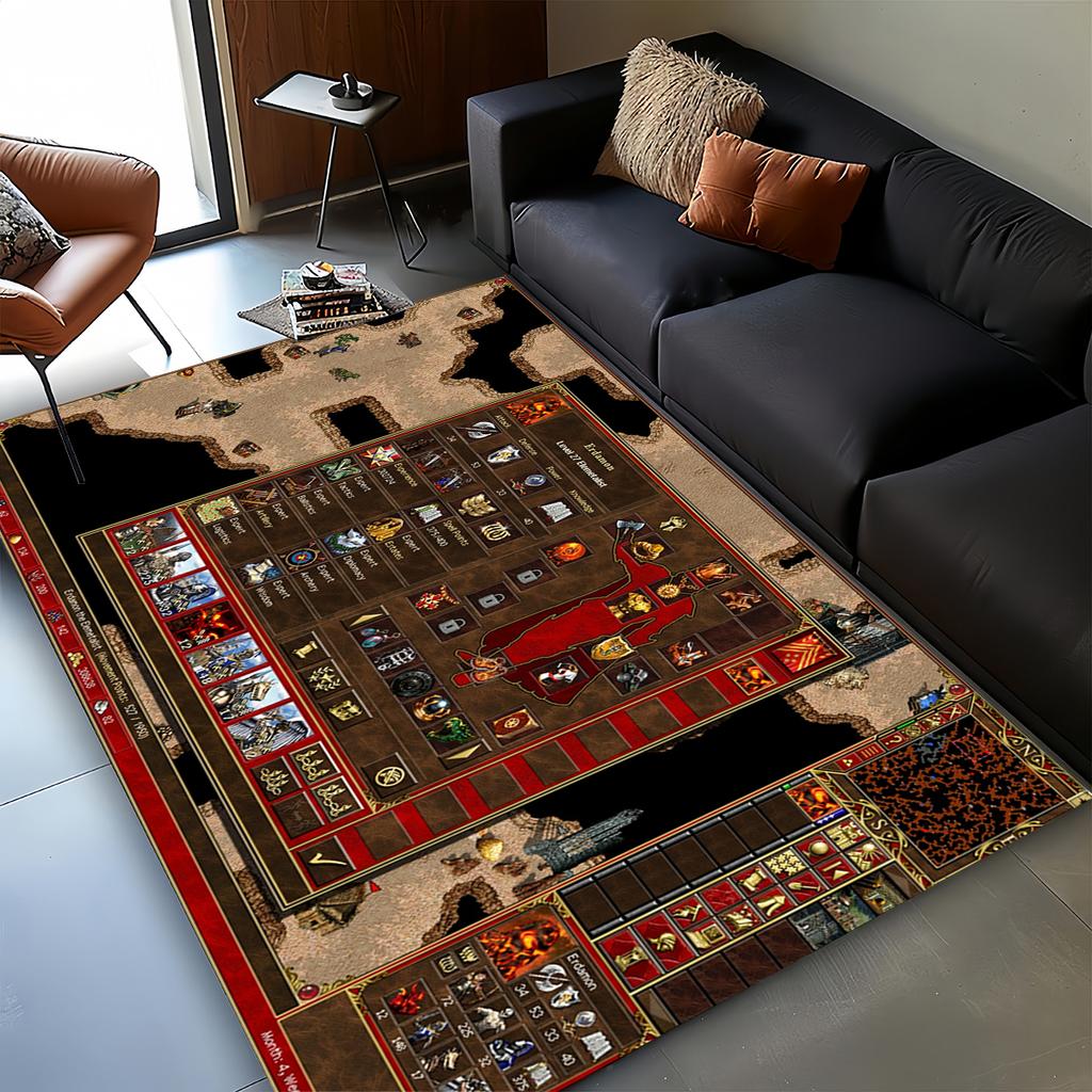 2025 Neu HOMM3 Heroes of Might and Magic Karte Schatzkiste Spiel Teppich für Wohnzimmer Schlafzimmer Zuhause Sofa, Rutschfeste Fußmatte