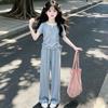 Kids' Summer Sportswear: Korean-Style Two-Piece Patchwork Set for Girls - Short Sleeve Top & Loose Straight Leg Pants.