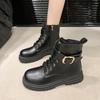 2024 New Autumn and Winter Women's Thick-soled Fashion Boots British Style Thick-heeled Metal Buckle Lace-up Fashion Boots