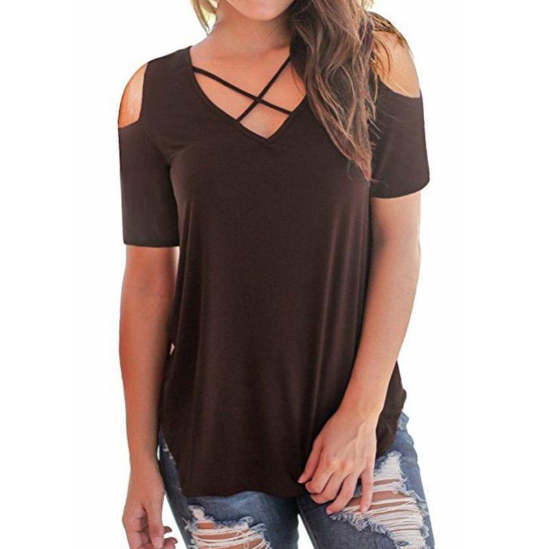 Elegant Women Cold Shoulder Loose Tops Criss Cross Short Sleeve T-shirt Blouse