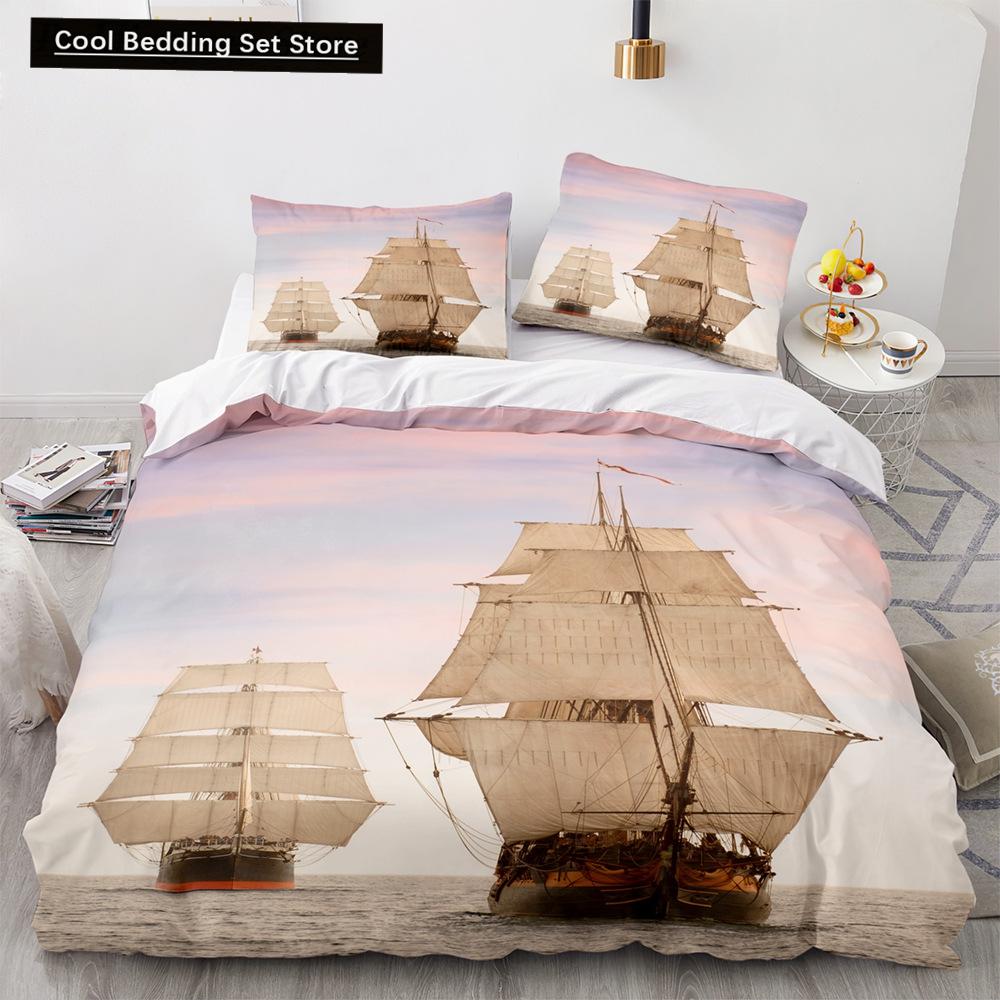 Housse de couette Vintage Voilier Roi Reine Ensemble de literie Nautique Océan pour Adolescents Adultes Navire Feu Noir 2/3 pièces Housse de couette en Polyester