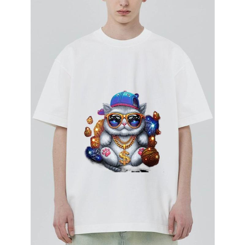 Crewneck T-Shirt Black Cat with Sunglasses and Gold Chain Print for Casual Wear