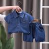 Boys Summer Solid Color Workwear Suit In Small Children Button Lapel Short-sleeved Top + Casual Pants Handsome Two-piece Set
