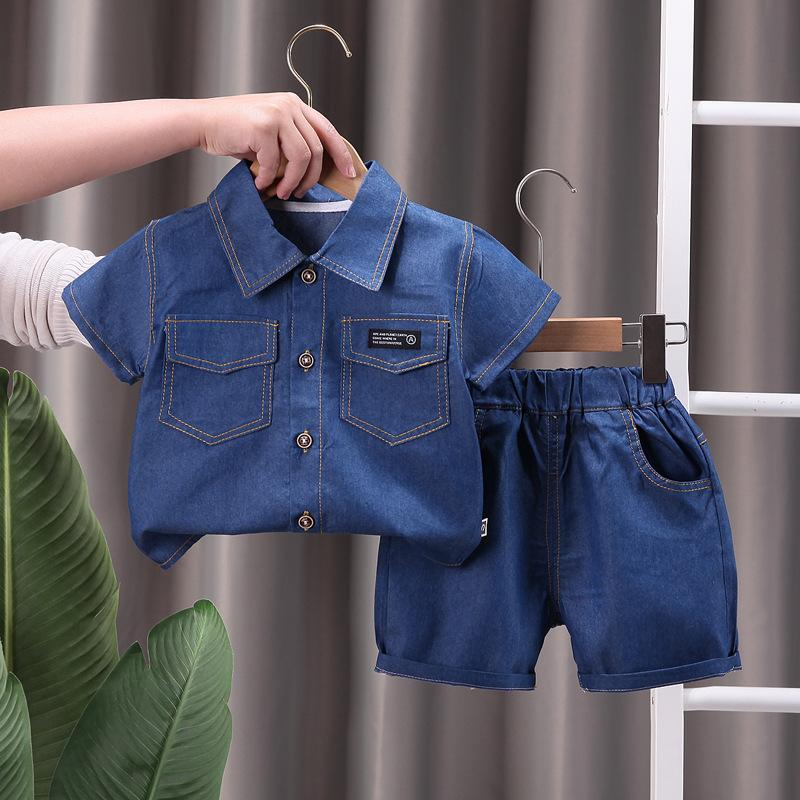 Boys Summer Solid Color Workwear Suit In Small Children Button Lapel Short-sleeved Top + Casual Pants Handsome Two-piece Set