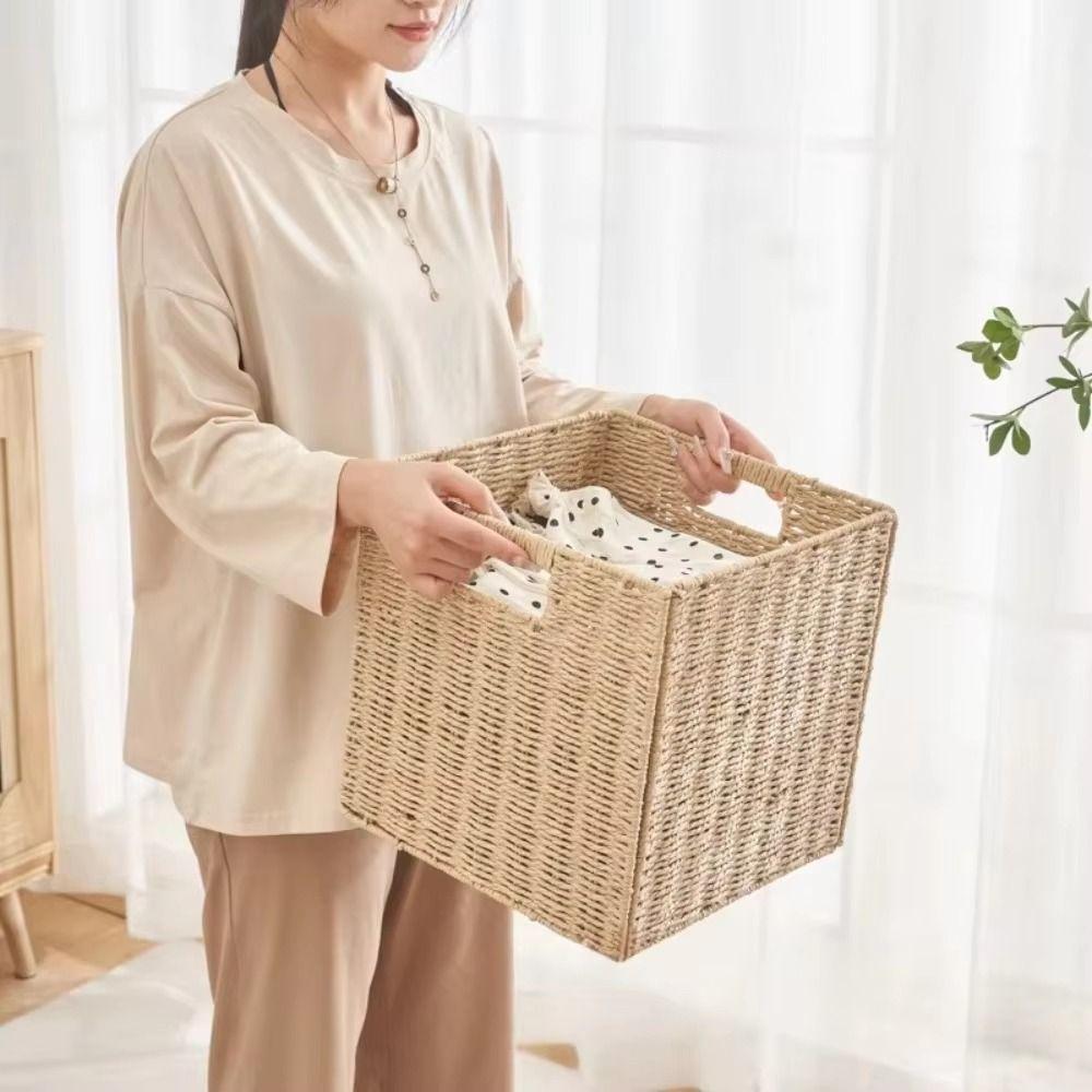 Large Capacity Foldable Storage Box Square Woven Storage Bin Imitation Rattan Basket  Living Room