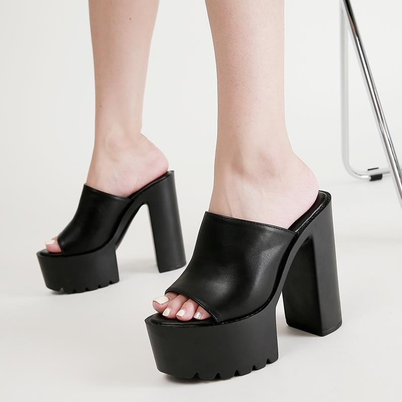 Mules plataforma de salto quadrado feminino chinelos ao ar livre peep toe deslizamento em sandálias sapatos estilingues preto branco ótima qualidade