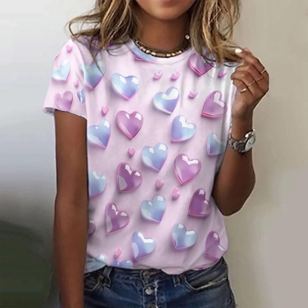 Rainbow Heart Love 3D Print Women Summer Round Neck Short Sleeve Y2k Harajuku Oversized Woman Clothing