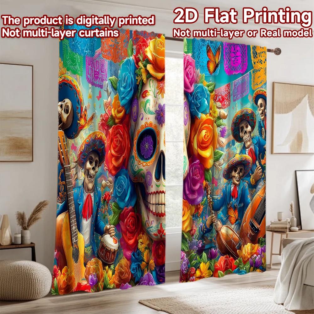 2D Flachdruck 2 Stück Vorhang Dia De Muertos Totenkopf Floral Mariachi Digital Bedruckt Polyester Vorhänge Festliche Vorhänge für Zimmer
