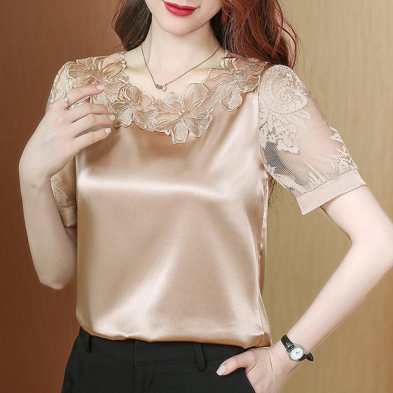 Blonde Topp Kortarmet Dame Sommer Sateng Ny Allsidig Silkebase Skjorte Mulberry Silke Løs Skjorte
