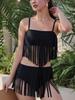 2025 Solid Tassels Swimwear Women Sexy High Waist Shorts Bikini Set Swimsuit Summer Strapped Push UP Bathing Suit