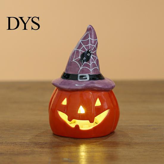 Keramik Geist Kürbis Licht Halloween Teelichthalter, Beleuchtete Figur mit Innen Party Atmosphäre Lampe Hexenhut, Mehrstufige Ablage Tischdekoration
