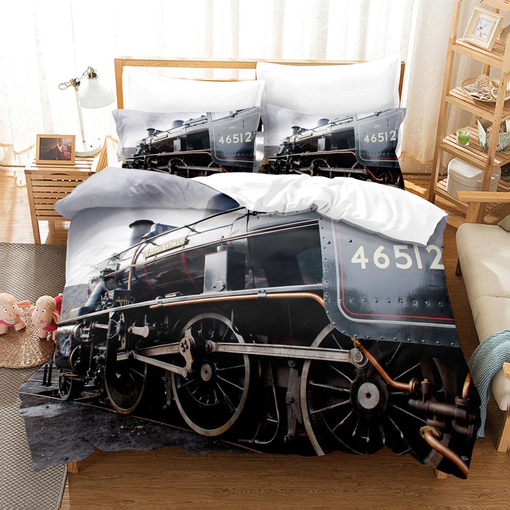 Ensemble Housse de Couette Machine à Vapeur Locomotive Vert Noir Train sur Voie Ferrée en Acier Voyage Aventure Imprimé Graphique Taille King Queen