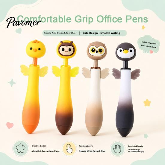 Cute Animal Pens for Students Ballpoint Pen, 0.7mm Smooth Writing Retractable Gel Pens, Owl/Chick/Penguin/Honeybee Pen School Office Stationery