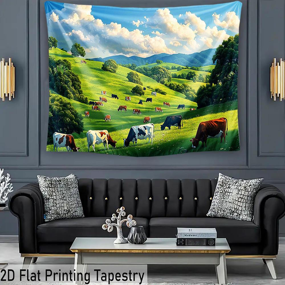 2D vlak, 1 foto van een kudde koeien die rustig in een groen veld lopen, geschikt voor fotografie decoratie en feestelijke bijeenkomsten