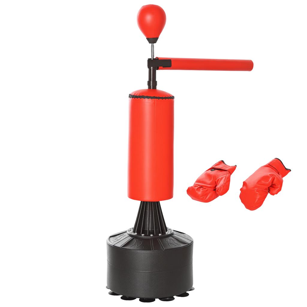 155-205 cm 3v1 Samostatný stojan na boxovací pytel, Boxerský rychlostní trenér s otočným flexibilním ramenem, Rychlostní míč, Plnitelná základna, Červený