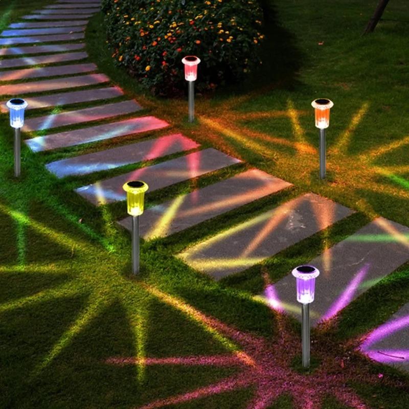 6PCS Solar Outdoor Lamp RGB Night Lights IP65 Waterproof Stainless Steel Long Battery Life Christmas Decor Garden Yard Walkway Lawn Decor