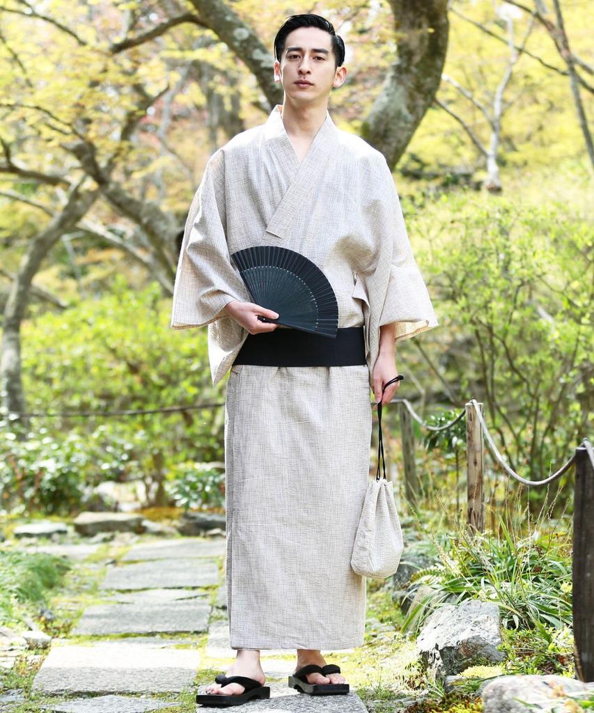 Rochelle Yukata Set Shingen Folding and Waist Size Natural Kasuri Pattern Easy To Yukata Summer Solid Japanese Men's 6-Piece (Yukata, Obi, Geta, Bag,
