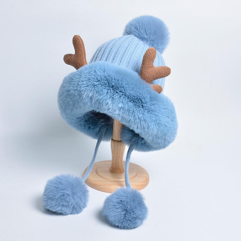 New Trendy Cute Ears Plush Winter Hats Women Beanies Deer Antler Fur Pompom Knit Bonnet Fluffy Winter Keep Warm Cap Bomber Hats