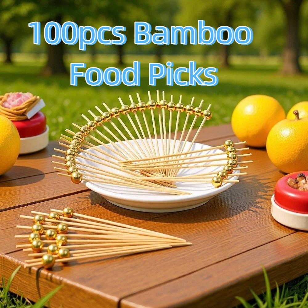 100pcs 12cm Length Bamboo Food Picks Versatile Disposable Pearl Fruit Picks Snack Fork Skewer Toothpick Skewer Wedding Party