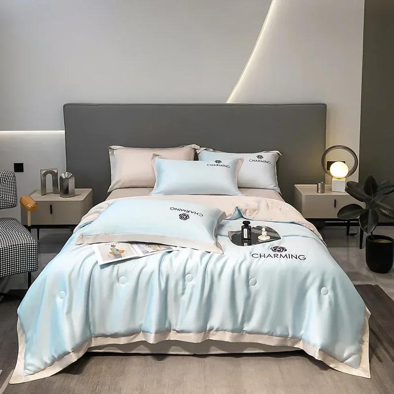 Washed Summer Ice Cool Quilt Bedding Set Single Double Thin Blanket Comforters Air-Conditioning Quilt Bedsheet Pillowcase 4PC