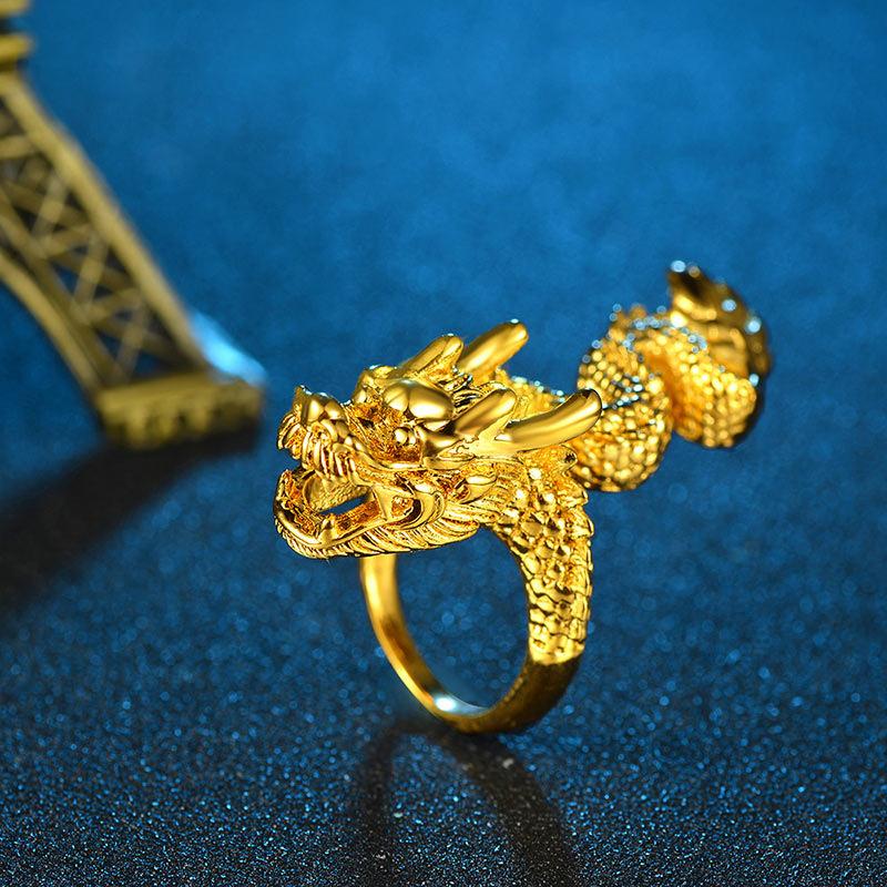 Anel Aberto Cabeça de Dragão Unissex Ouro 24K Au999 - Brilho Rico de Dragão Dourado, Design Aberto Amigável à Mão, 24K Suave, Au999 Confiável