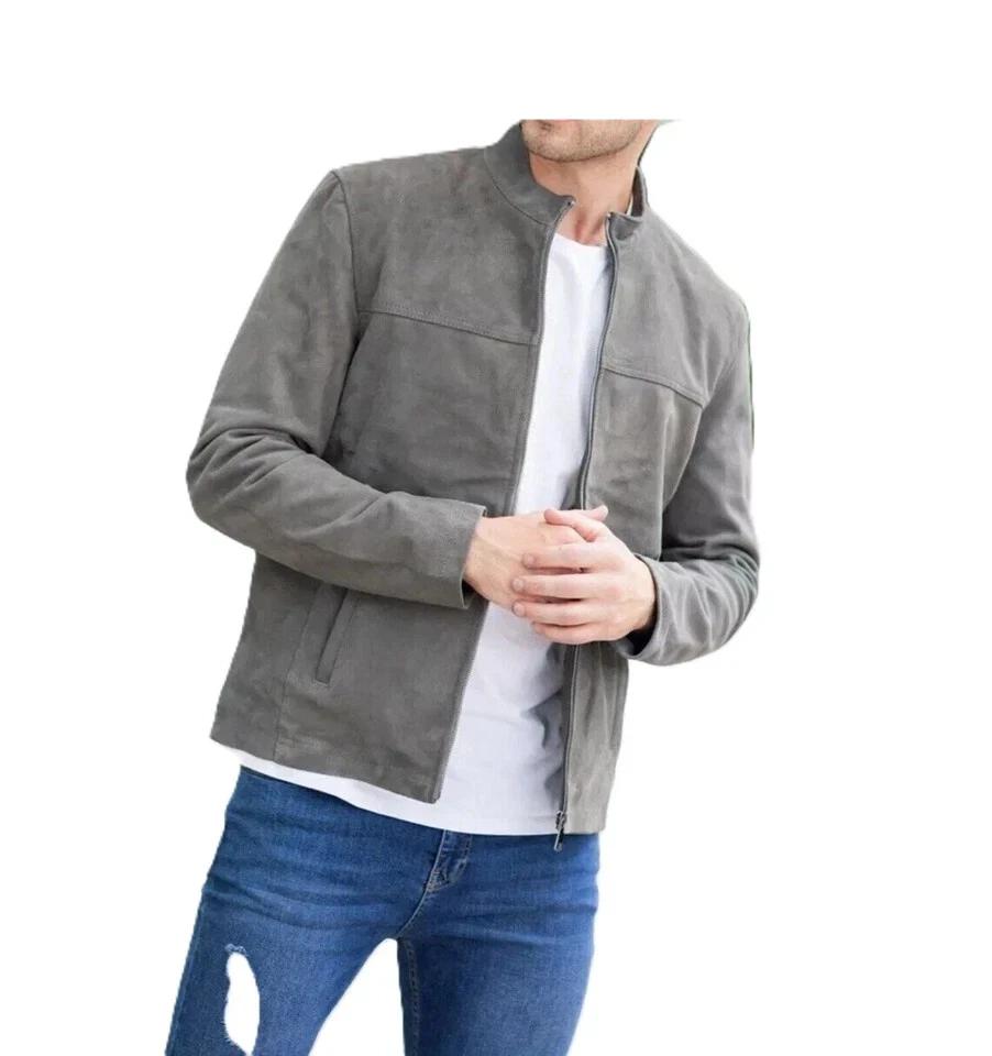 Veste Homme en Agneau Suedé Gris Cuir Fait Main Véritable Réel Élégant Coupe Douce