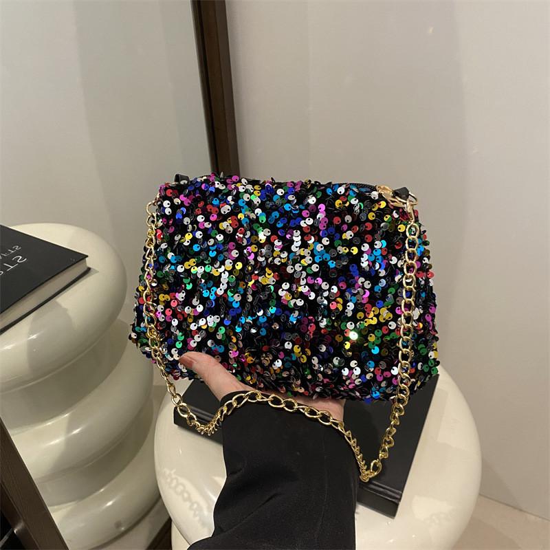 Black And White Sparkly Underarm Bag Women 2024 New Spring Nightclub Chain Small Square Bag Street Fashion
