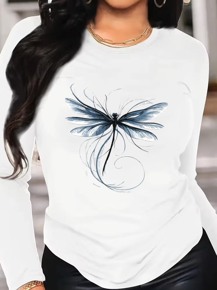 (Taille asiatique) tendance papillon mignon T-shirt Tee Vêtements Femme Manches Longues Imprimé automne hiver printemps Décontracté Mode Haut col rond T-shirts Graphiques
