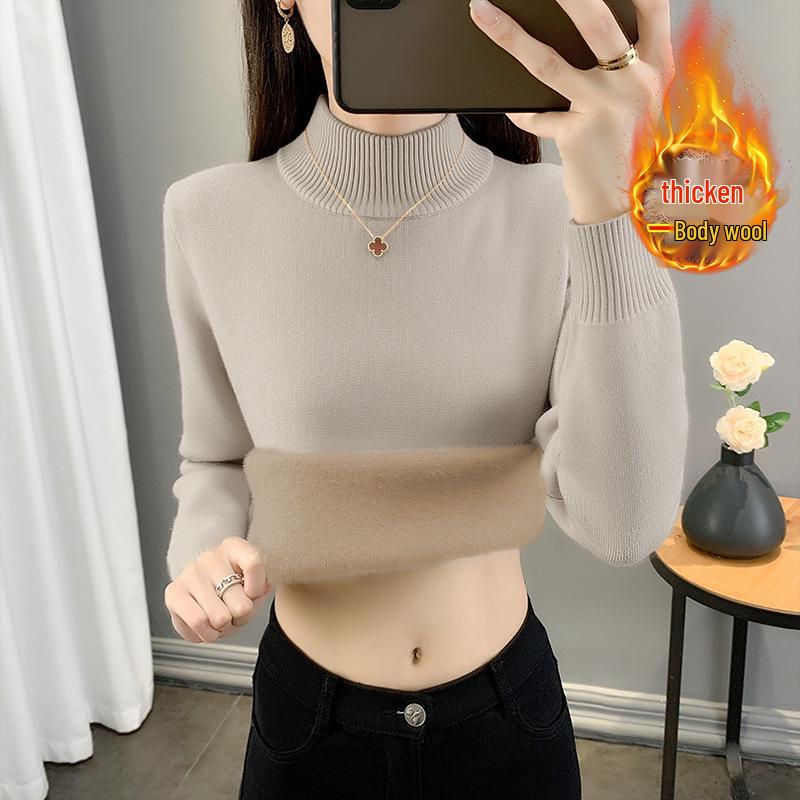 2025 Women's Plus Velvet Knit Sweater: Warm Half-High Collar Base Layer for Autumn/Winter