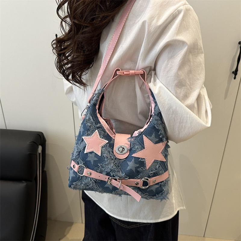 Rosa Stjärnväska och Handväskor Estetisk Rutig Denim Axelväska Punk Fritid Utomhus Crossbody-väska För Kvinnor KTY